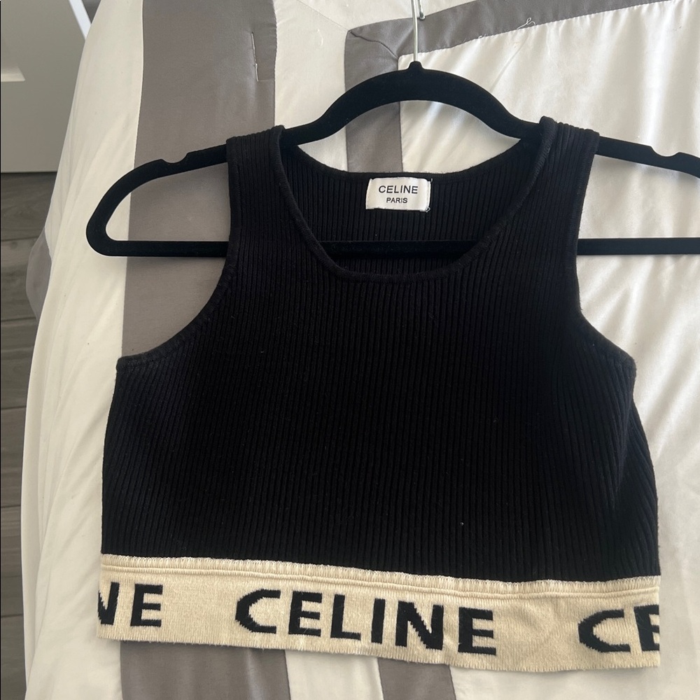 CELINE Black Ribbed Logo Hem Crop Tank